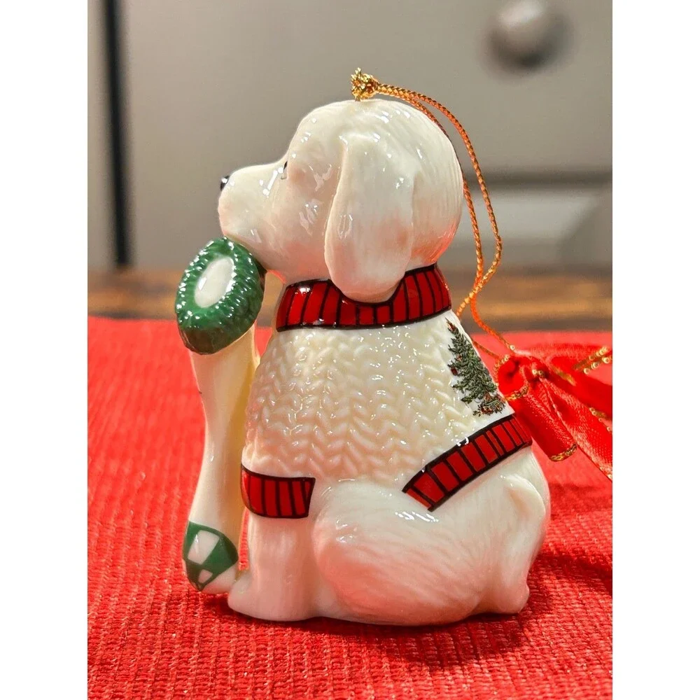 Spode Christmas Tree Puppy with Stocking Ornament 2.5